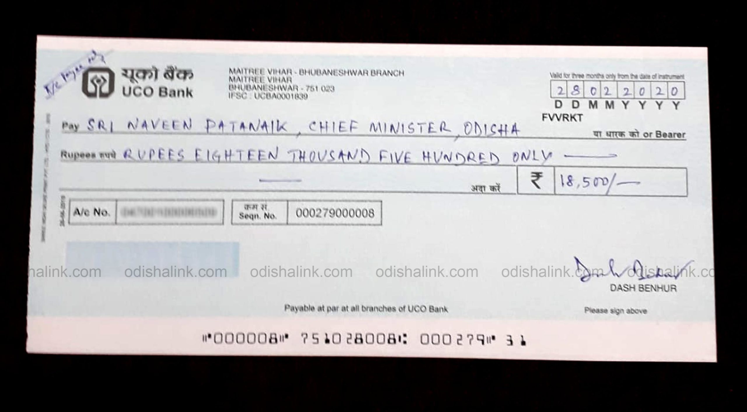 Dash benhur sends cheque to Naveen Patnaik scaled