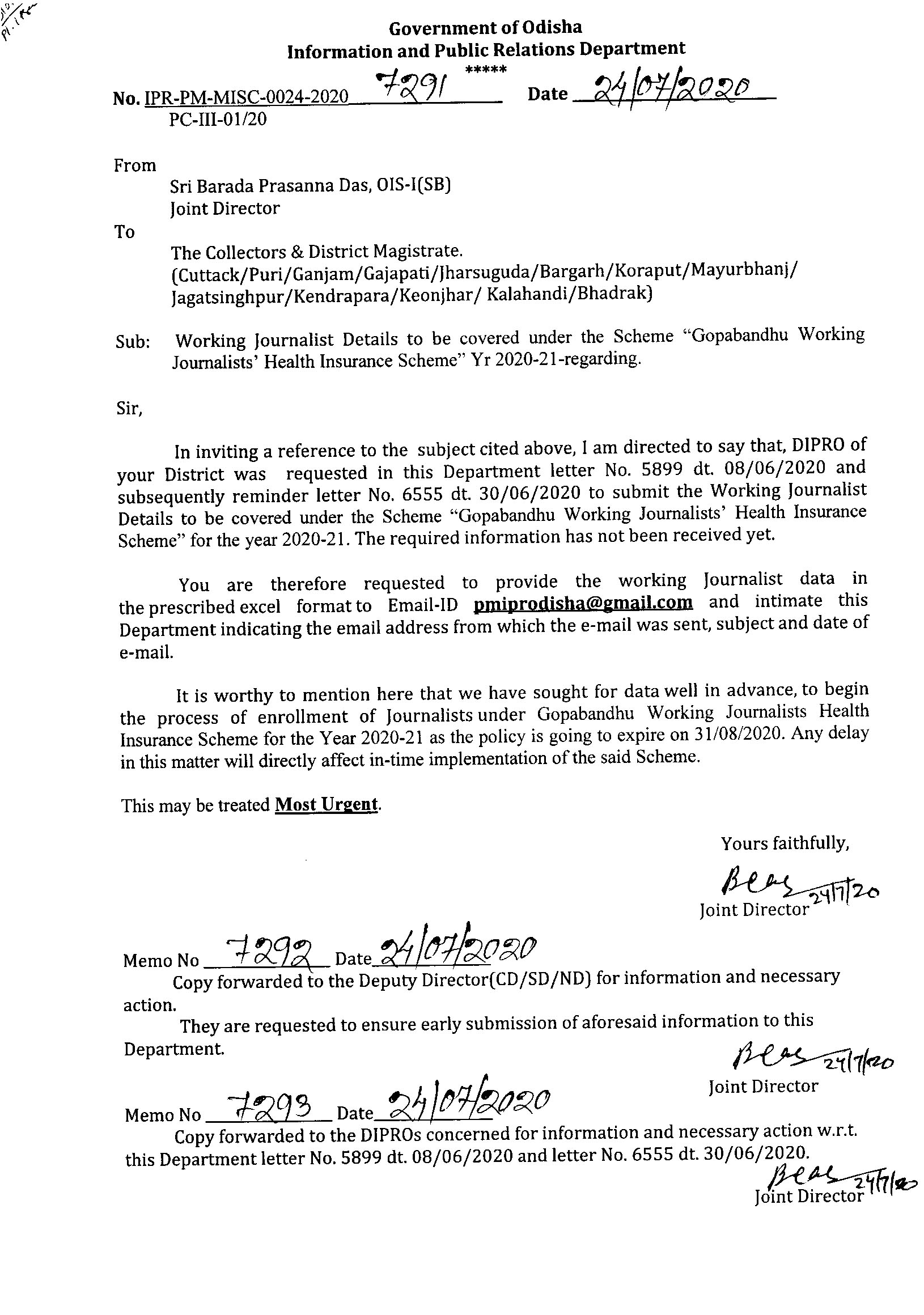 Journalist Insurance IPR Odisha letter 24 July 2020
