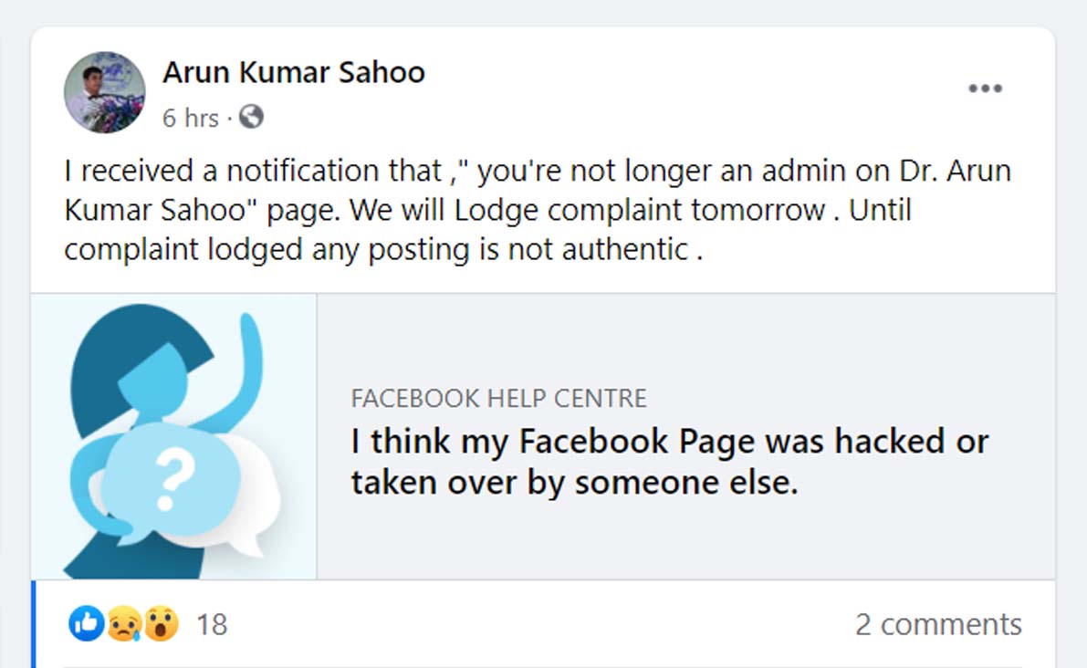 Dr Arun Kumar Sahoo Facebook Page hacked