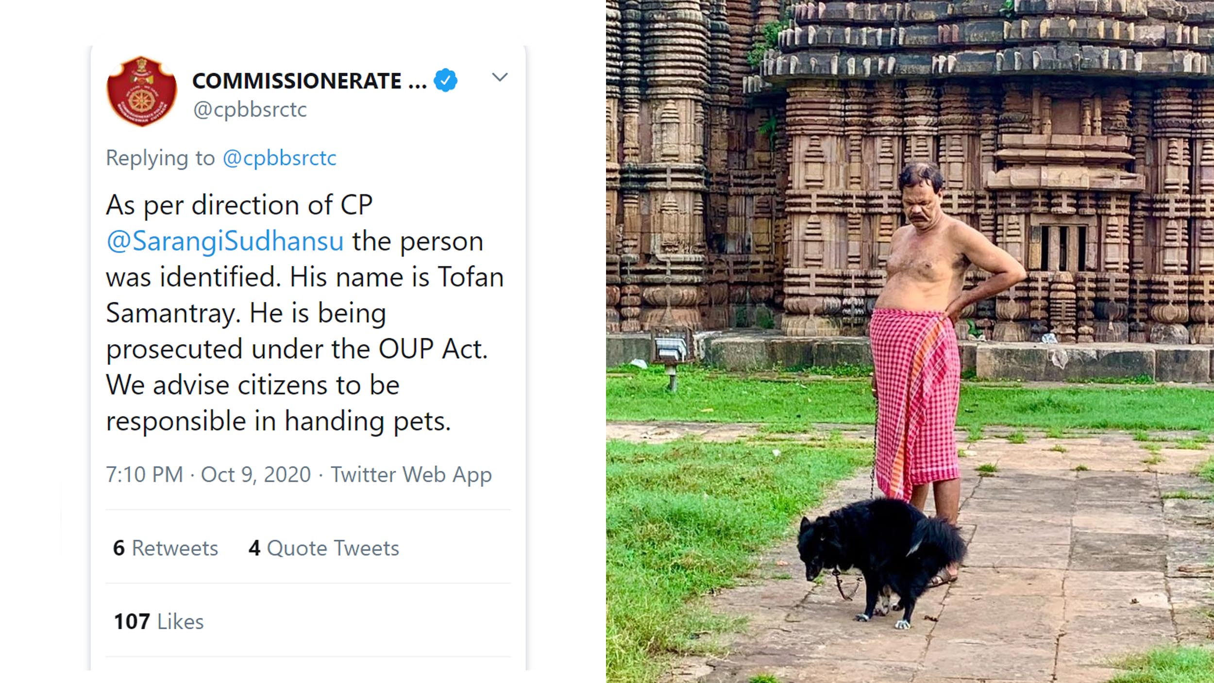 police action against resident defecating dog in monument in Bhubaneswar